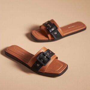 Anthropologie Leather Slide Buckle Sandals - Camel and Black - 9 / 40
